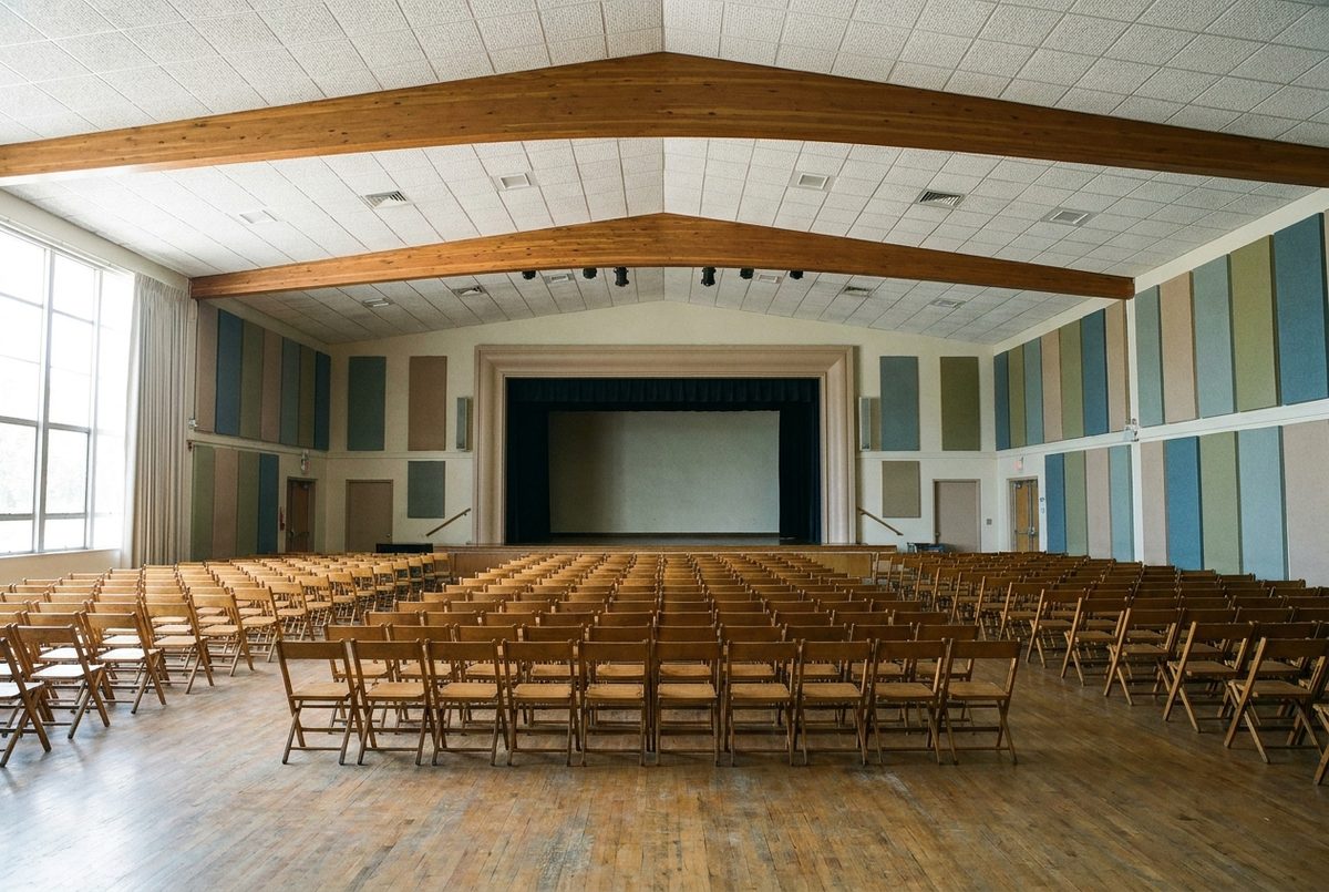 School multipurpose room with a stage, wall panels and a suspended acoustic ceiling