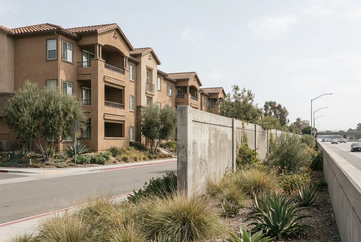 Apartment buildings behind a concrete sound wall beside a freeway