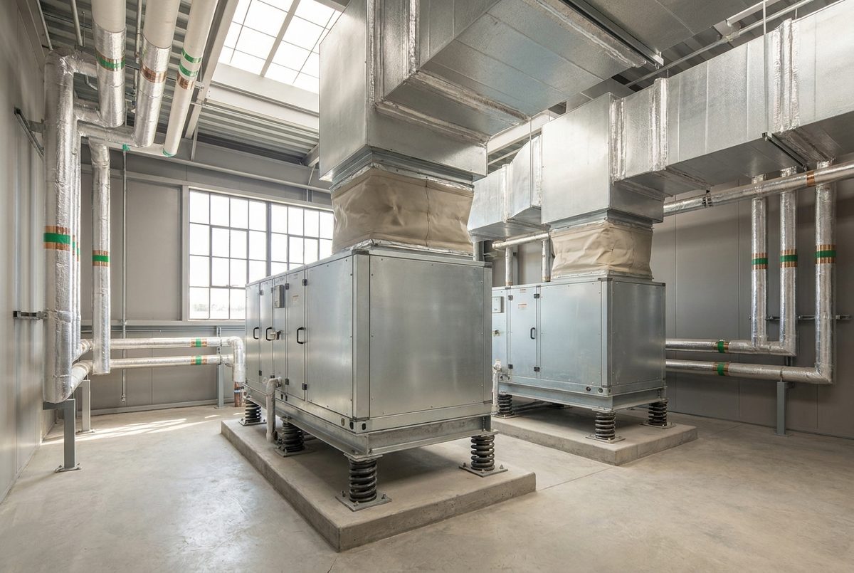 Air-handling units standing on steel spring vibration isolators