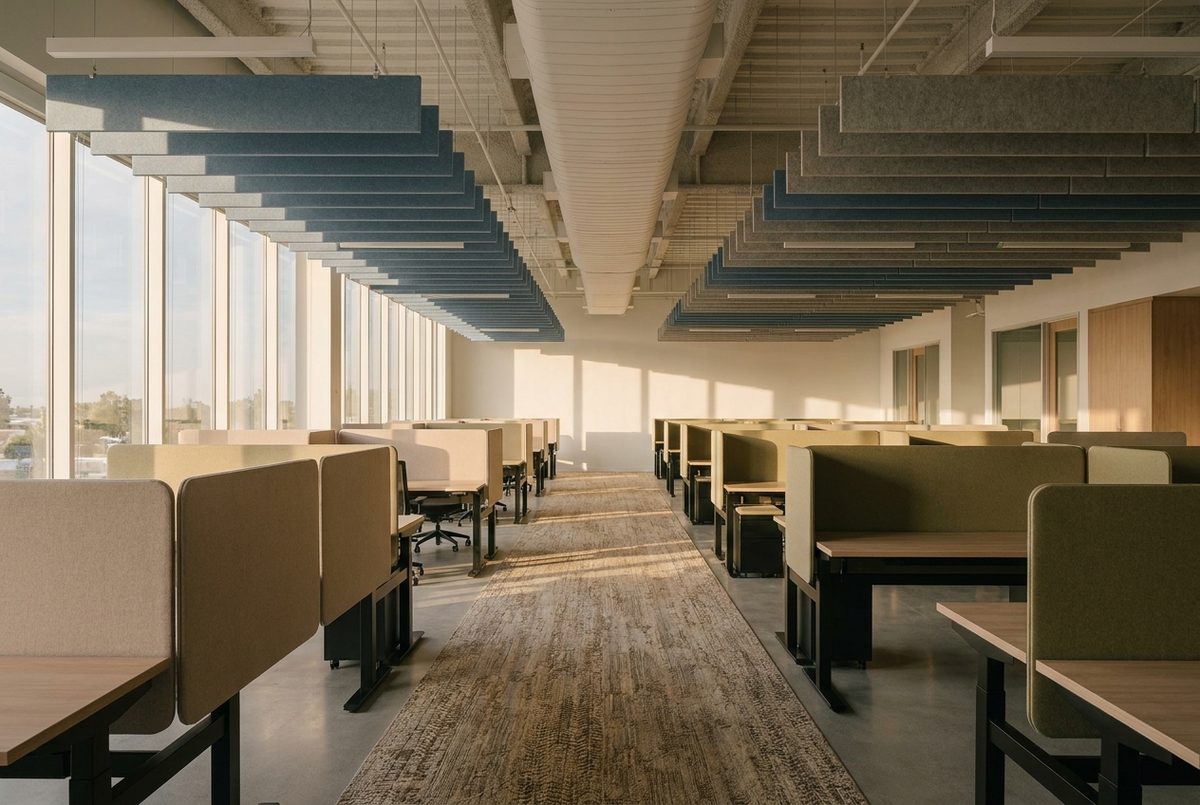 Open plan office with hanging sound-absorbing ceiling baffles and desk screens