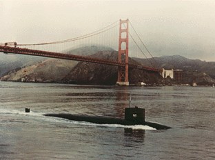 Submarine passing under the Golden Gate Bridge